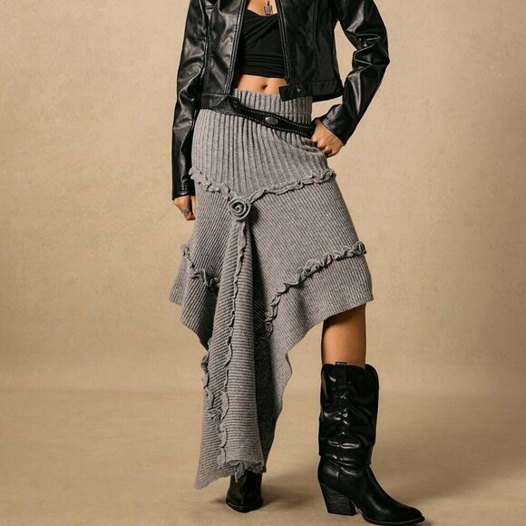 Dark Grey Casual Womens rose detailed knit skirt - Picture 7 of 8